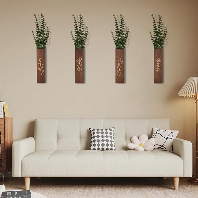 Wooden Wall Planter Set of 4 - Modern Home Decor for Living Room, Bedroom, Bathroom - Dark Brown Finish Planter for Dried Flowers, Faux Greenery, Indoor Plants