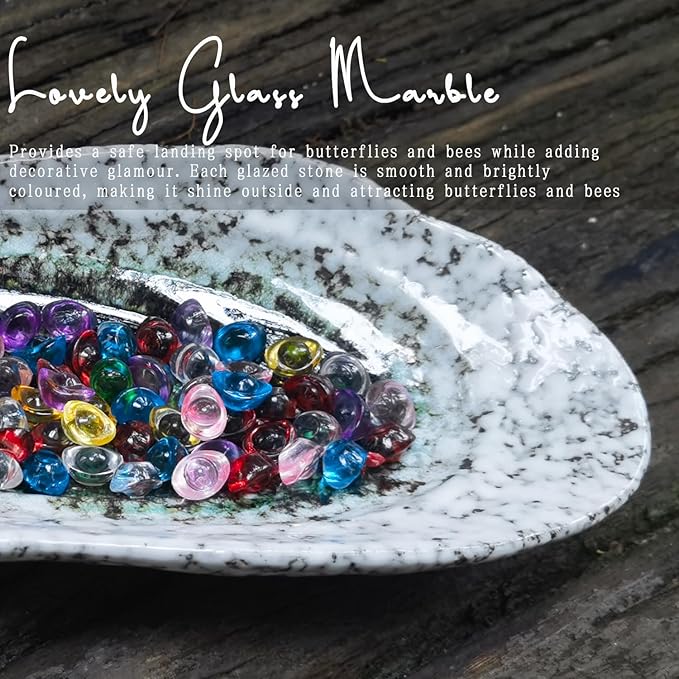 Butterfly Feeder - Outdoor Ceramic Butterfly Puddler and Bee Watering Station with Colored Glass Bead - Garden Decor for Feeding Butterflies and Bees