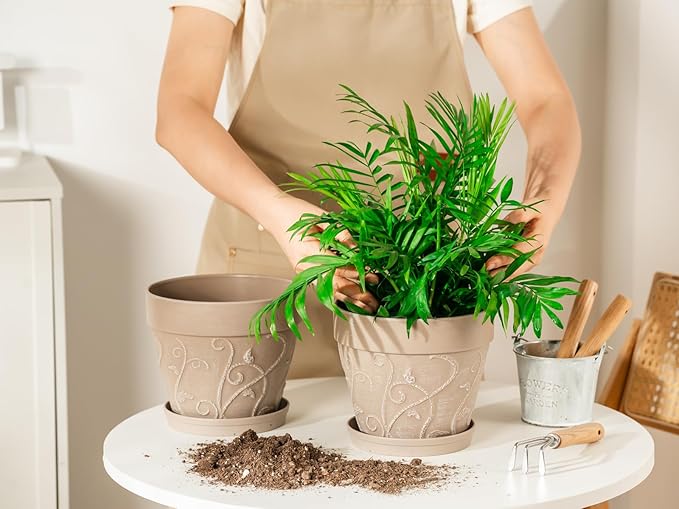 Melphoe Plant Pots Indoor with Drainage & Saucer, 2Pack 7 inch Flower Pots Outdoor Planters for Indoor Plants Garden Home Decor Cactus Succulent, Rigid Plastic (Imitation-Terracotta) Vine-Embossed