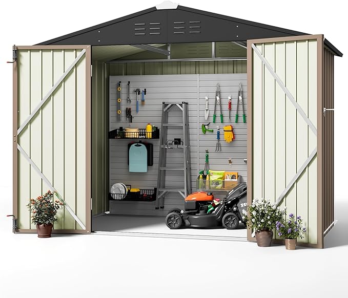Greesum 8x6FT Outdoor Storage Shed, Utility Tool Shed with Sloping Roof, Metal Storaged Garden Shed with Door & Lock for Patio Storage, Brown