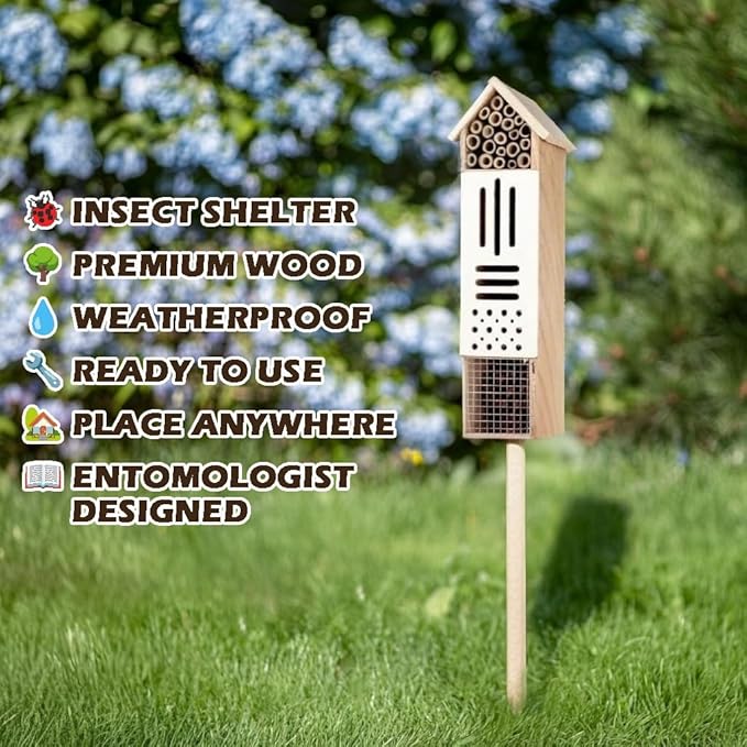 Wooden Insect House, Insect Hotel for Bugs, Bees, Butterflys, Ladybirds, Natural Beneficial Insect Habitat for Garden and Yard
