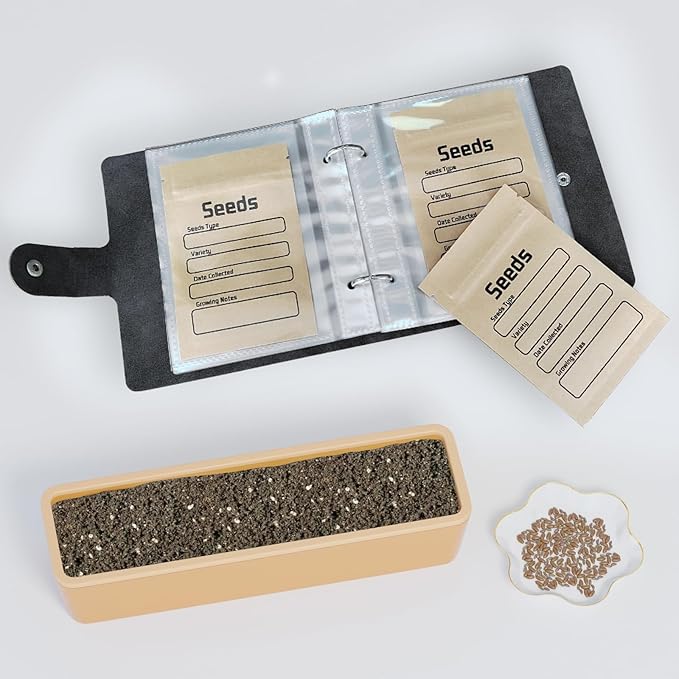 Seed Organizer Binder with 50 PCS Resealable Seed Envelopes - 50 Storage Pockets, 3.5x5 Inch Clear Sleeves, Seed Saver for Garden Lover - Gray