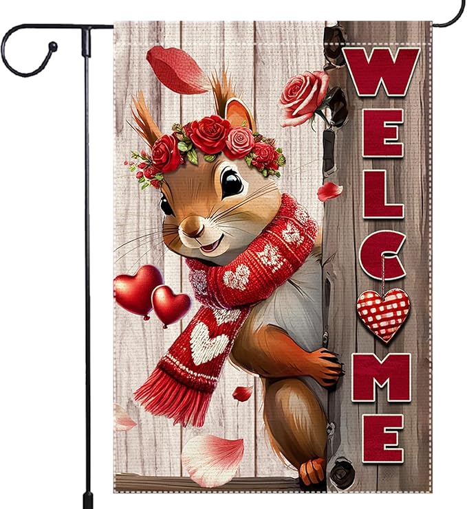 Valentine’s Day Garden Flag 12x18inch Double Sided The Squirrel Red Love Heart Rose Valentine’s Garden Flags For Home Outdoor Yard Patio Lawn Decor,Welcome Valentine Garden Outside Decorations Banner