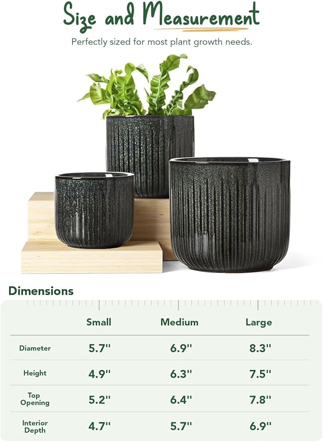 LE TAUCI Fluted Ceramic Pots for Plants, 8.3/7/6 Inch Indoor Planters with Drainage Holes & Mesh, Modern Glossy Glaze Cylinder Plant Pot for Snake Plant, Set of 3, Slate Olive