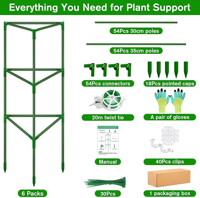 6 Pack Green Triangular Tomato Cages for Garden, Heavy Duty Fiberglass Plant Cages with Adjustable Support, Easy Assembly, Stable Structure
