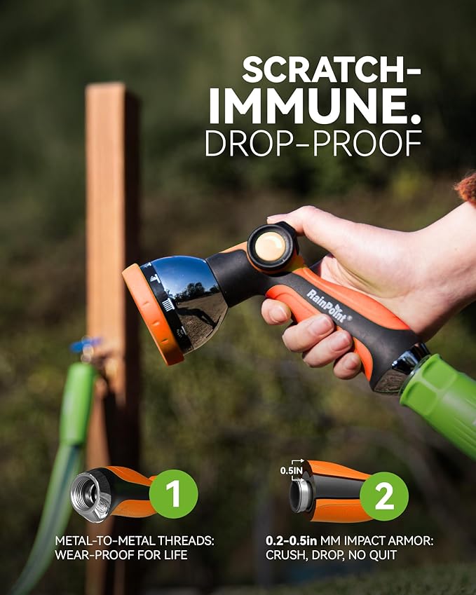 RAINPOINT Spray Nozzles for Garden Hose - 10 Spray Patterns Garden Hose Nozzle with Adjustable Flow Control for Watering Plants, Washing Cars,Washing Pets, Thumb Control (Orange)