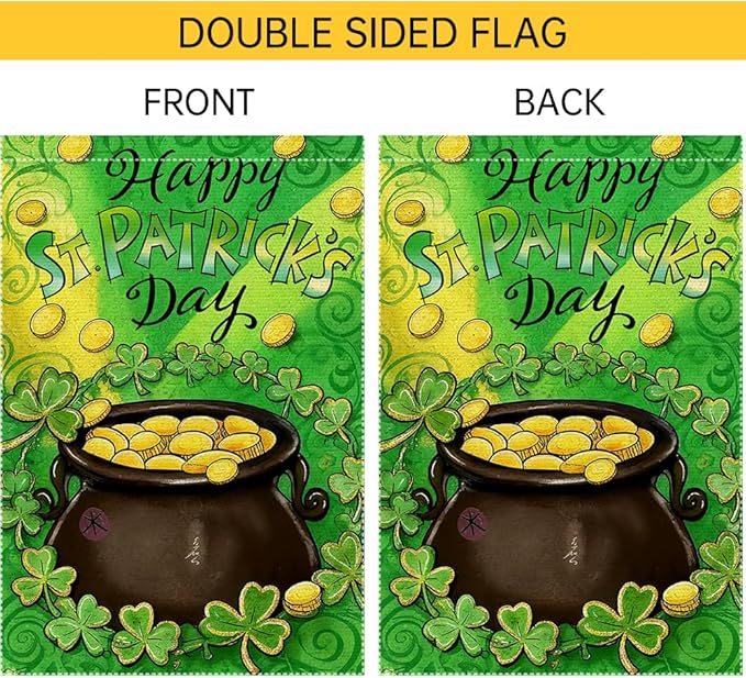 St Patrick's Day Garden Flag 12x18 Inch Double Sided Burlap Happy St Patrick's Day Pot of Gold Shamrocks Coins Outdoor Decorations Patio Irish Festival Decor