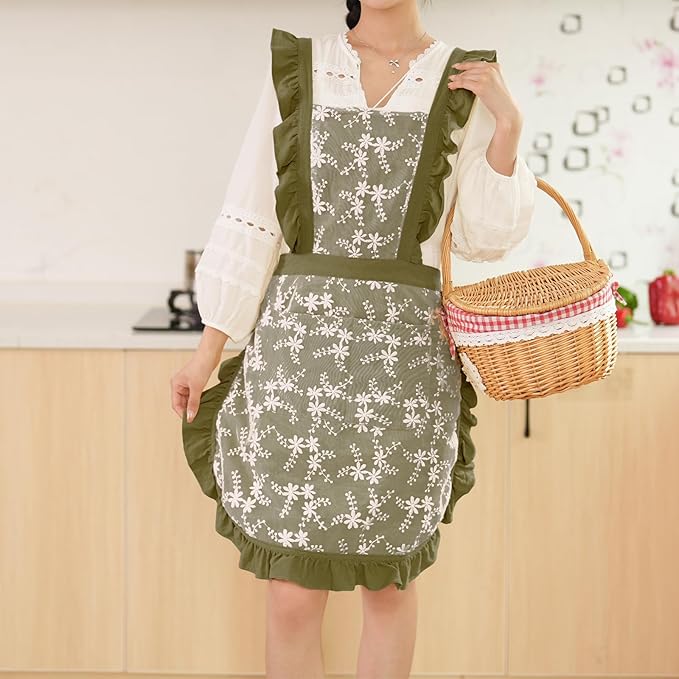Vintage Pinafore Apron Dress for Women with Pockets Cute Floral Chef Aprons for Kitchen Cooking Baking Gardening