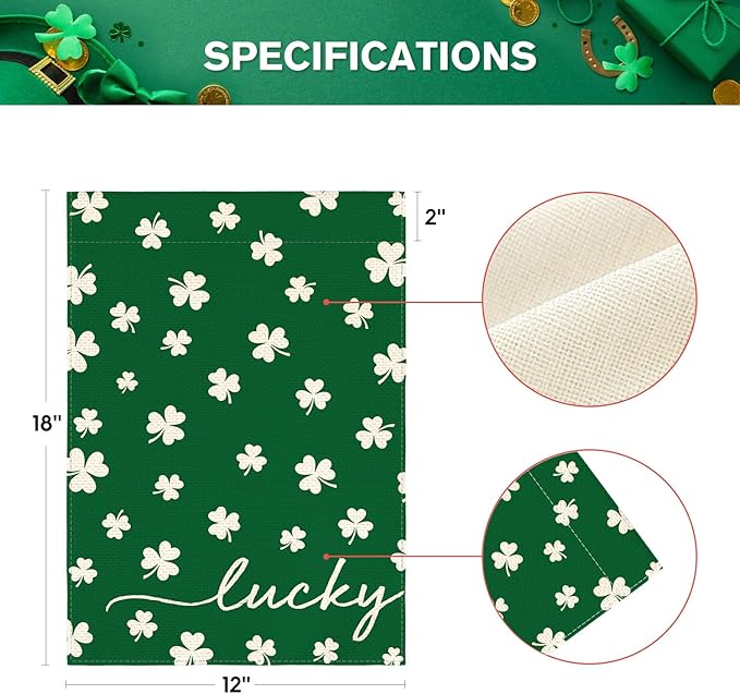 AVOIN colorlife St Patricks Day Lucky Garden Flag 12x18 Inch Double Sided Outside, Floral Small Burlap Shamrocks Clovers Yard Outdoor Decoration