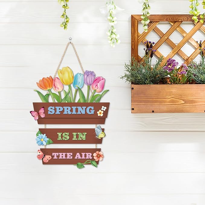 HOURIA Spring Is In The Air Wooden Door Sign(12”x14”),Colorful Tulip Flower Butterfly Spring Wall Hanging Sign,Garden Gifts,Spring Decorations for Home Garden Porch