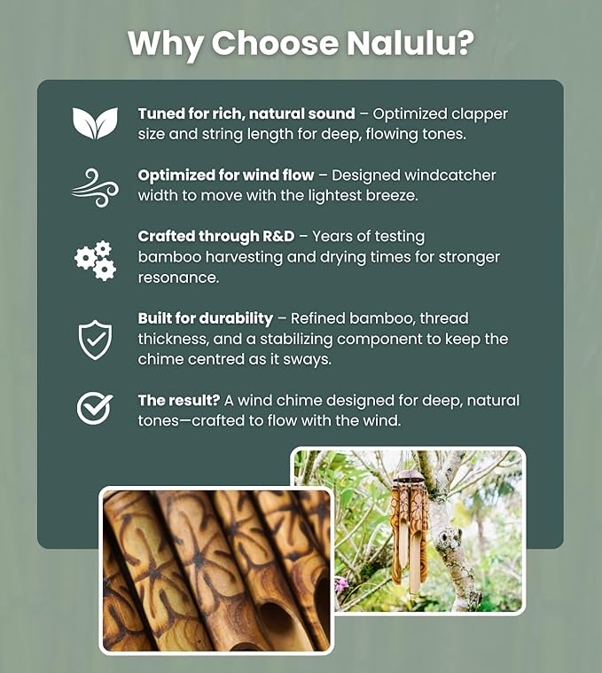 Rustic Bamboo Wind Chimes - Outside Outdoor Wooden Windchimes, Large, Floral Burned Design with Coconut Crown, Handcrafted with Calming Deep Tones, Home Decor, Ideal Gift for Him & Her