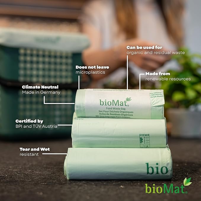 bioMat 35 Gallon Compostable Trash Bags, 10 Count, Biodegradable Kitchen Food Scrap Waste Bags, BPI ASTM D6400 and CMA Certified Tall Kitchen Compost bags for Food Waste