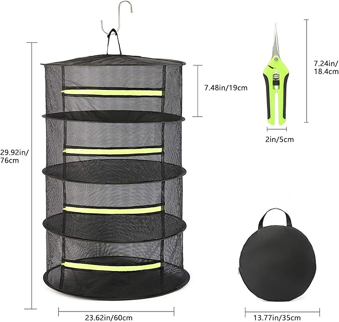 2ft 4-Layer Herb Drying Rack with Zipper, Collapsible Hanging Mesh Plant Dryer Net Basket with Garden Gloves, Pruning Scissors & Hook for Drying Seed, Bud, Hydroponic Plants