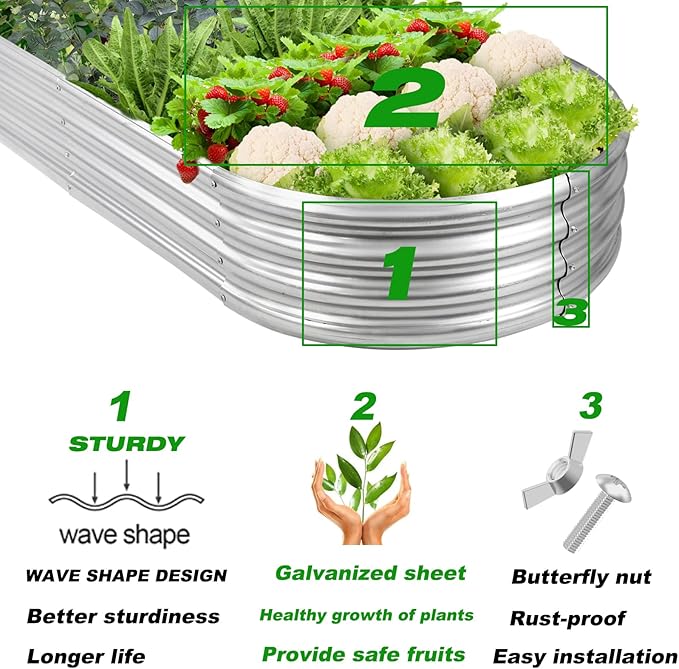 Raised Garden Bed GRS Certified Galvanized Planter Box Outdoor, 8ft Oval Rot-Resistant Metal Garden Bed Planter, Recycled Eco-Friendly Material Planter for Vegetables Flowers Herbs (Silver)