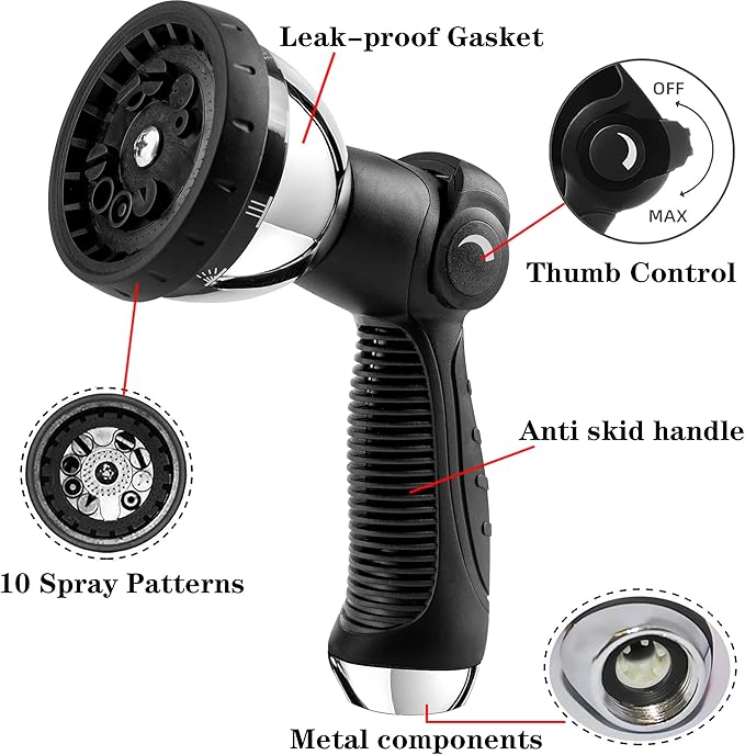 Garden Hose Nozzle Spray Nozzle,10 Hose Metal Duty Watering Patterns Thumb Control On Off Valve, High Pressure Nozzle Sprayer for Watering Plants, Car Wash,Cleaning,Showering Pets