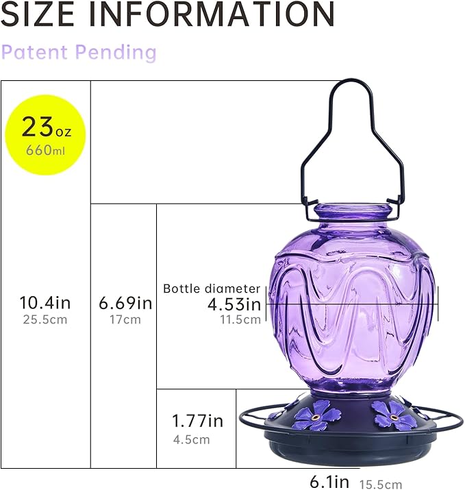 Glass Hummingbird Feeder for Outdoors Hanging,24Ozs Humming Bird Nectar Feeder w/Perch,5 Flower Feeding Ports,Leak Proof Base and Hook for Outside Garden Backyard Decor, Gifts for Women Mom,Purple