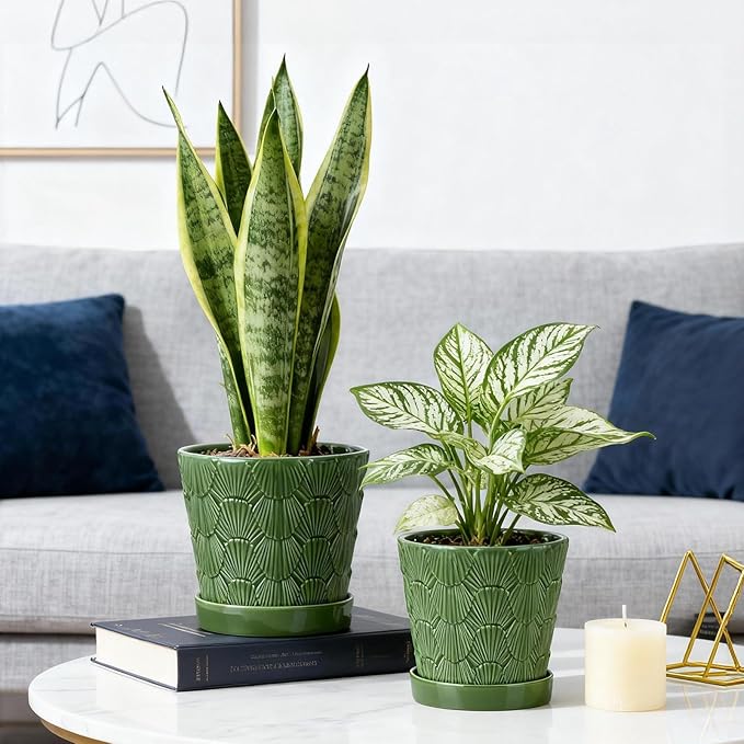 Ceramic Plant Pot,5+6 Inch Flower Pots with Drainage Hole&Tray,Ceramic Planter for Succulents Cactus,Indoor/Outdoor Pot for Plants,Set of 2- Patina