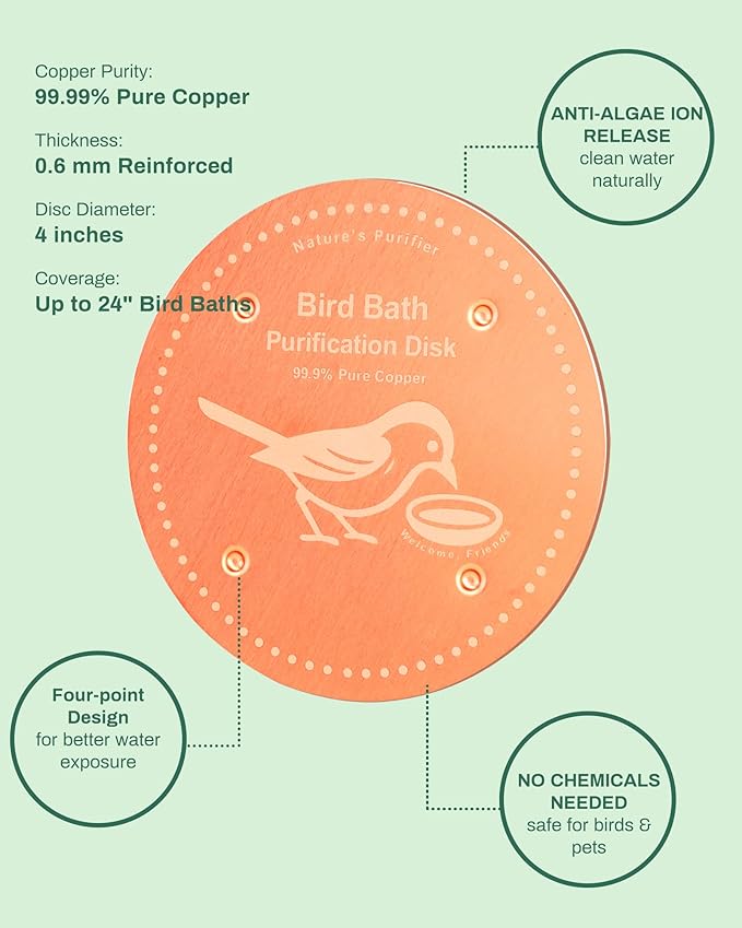 Bird Bath Purification Disk Pure Copper Outside Winter Solar Power Birdbath Wild Hummingbird Pedestal Fountain Cleaner Humming Feeder Cage Dispenser Bowl Ground Safe Garden Lover Women Gift