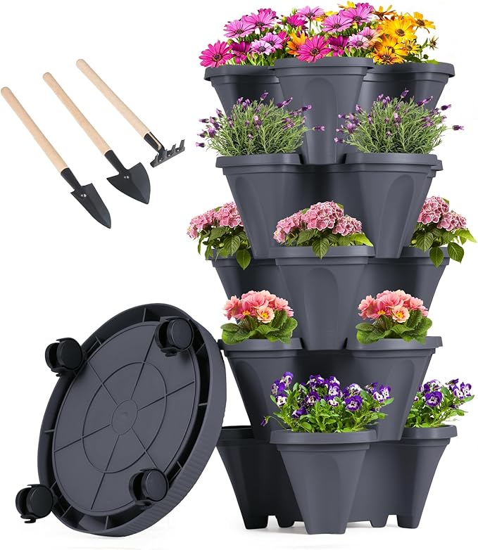 GameXcel Vertical Planter 5 Tier Stackable Planters Garden Planters Strawberry Herb Flower and Vegetable Planter Indoor Outdoor Gardening Pots with Removable Wheels and Tools