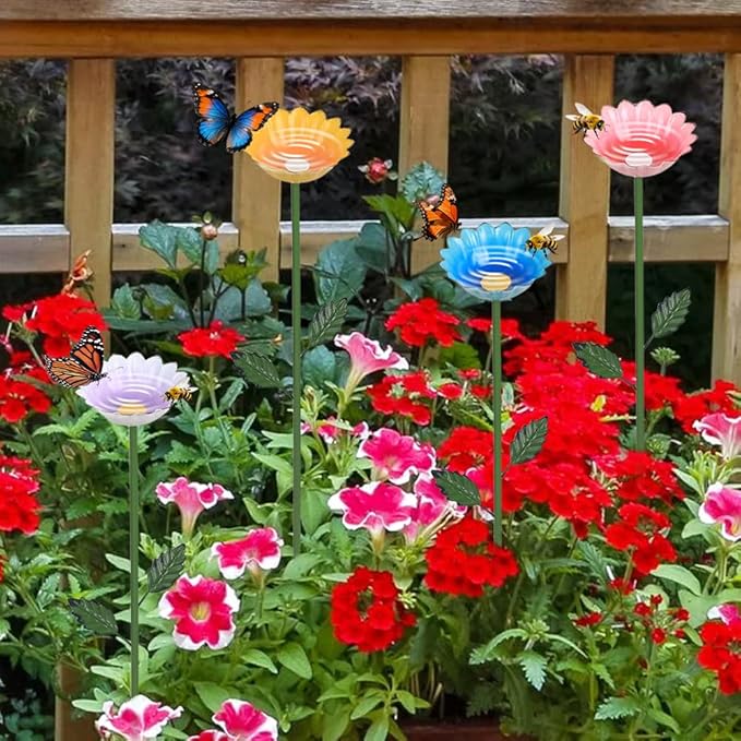hogardeck Garden Decor for Outside, 4 Pcs 25.8" Metal Bee Watering Station, Flower Design with Stakes, Butterfly Feeder Bird Bath for Outside Yard Patio Lawn (Blue, Yellow, Pink, White)