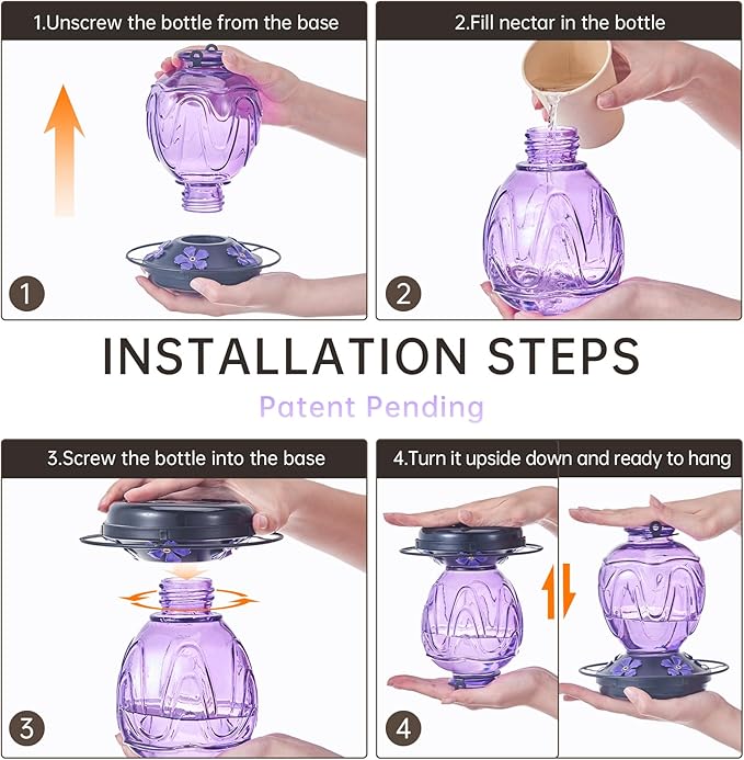 Glass Hummingbird Feeder for Outdoors Hanging,24Ozs Humming Bird Nectar Feeder w/Perch,5 Flower Feeding Ports,Leak Proof Base and Hook for Outside Garden Backyard Decor, Gifts for Women Mom,Purple