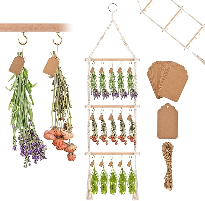 3-Tier Hanging Herb Drying Rack, Includes 25 Gift Tags & 32ft Natural Jute Twine, Handwoven Hanging Herb Dryer Rack Plant Hanger for Drying Herbs, Flowers, Sage(COLOR:Beige)