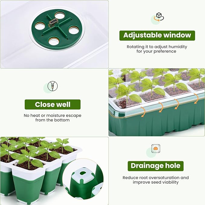 6 Packs Seed Starter Tray with Grow Lights, 72 Cells Silicone Seed Starter Kits with Humidity Dome, 3 Lights for Seed Starting, 4 Timing Set, 8 Full Spectrum Germination Kit for Plant Seeds
