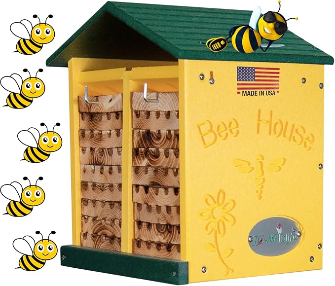JCs Wildlife Double-Wide Large Poly Lumber and Pine Mason Bee House - Attracts Bee Pollinators in Your Garden - Handmade in The USA