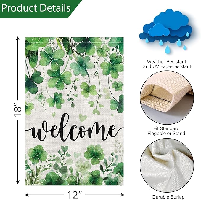 Louise Maelys St Patrick's Day Garden Flag Shamrock Clover Welcome 12x18 Inch Double Sided Small Burlap Love Heart Saint Patricks Spring Holiday Yard Outdoor Sign Outside House Decor