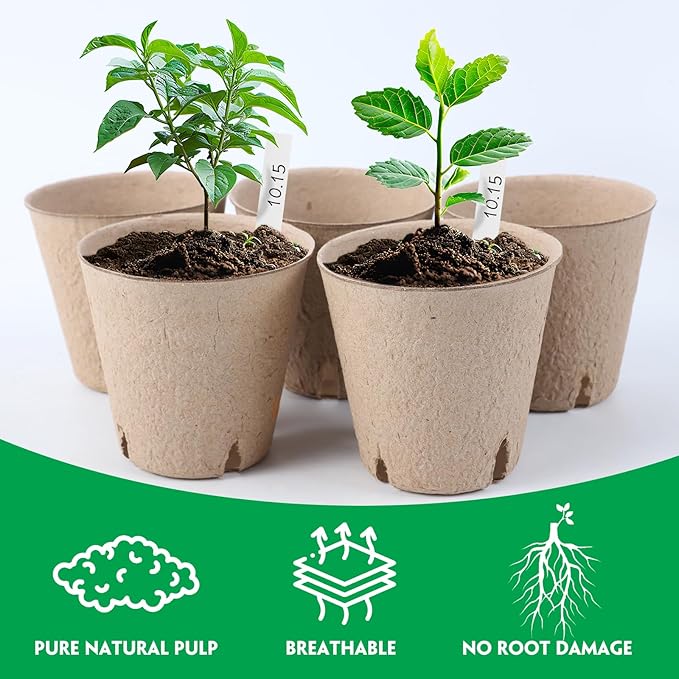 100 Pack Peat Pots for Seedlings, 3.15 Inch Plant Starter Cups with Drainage Holes, Garden Germination Nursery Pots with 30 Plant Labels, 2 Transplant Tools for Herb, Vegetables, Plants