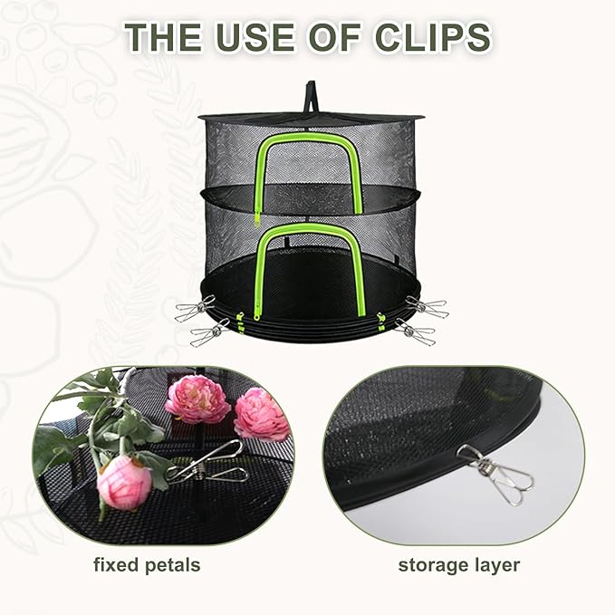 Herb Drying Rack Hanging Mesh Net - 6 Tier plant drying rack Foldable Design with U-Zipper, Bonus Pruning Shears & Plant Hooks for Garden Herbs, Vegetables, Fruits, Flowers & Dried Foods (23.62")