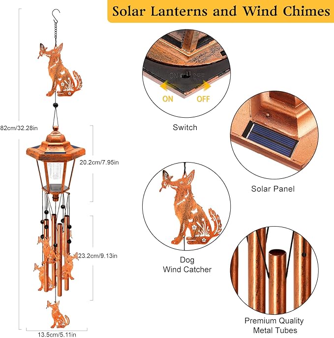 Large Solar Dog Wind Chimes with Wind Catcher/Solar Decor Light to Create a Zen Atmosphere Suitable for Outdoor, Garden, Patio Decor Classic Bronze Wind Chimes as A Sympathy/Memorial Gift for Unisex