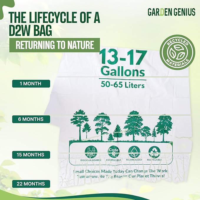 Biodegradable 13-17 Gallon Code-Q Trash Bags (50 Pack) | Strong Heavy-Duty Tall White Kitchen Bags w/Drawstring | Fits Simplehuman & Standard Cans | Eco-Friendly D2W, 30 Micron Thick | 25.6" x 33.5"