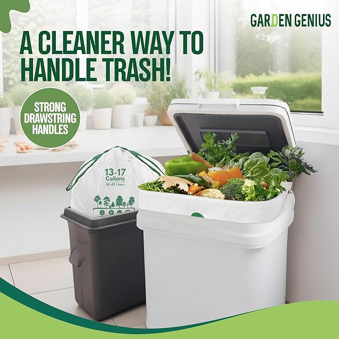Biodegradable 13-17 Gallon Code-Q Trash Bags (50 Pack) | Strong Heavy-Duty Tall White Kitchen Bags w/Drawstring | Fits Simplehuman & Standard Cans | Eco-Friendly D2W, 30 Micron Thick | 25.6" x 33.5"