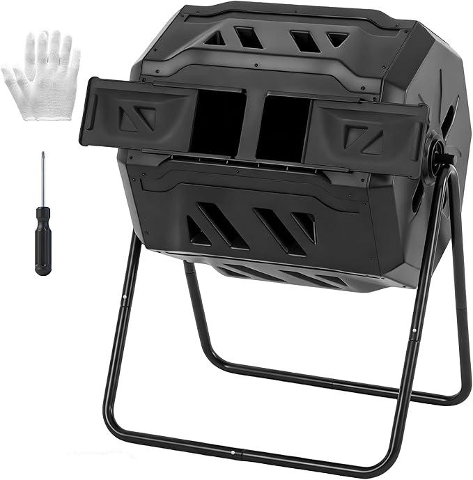 OLIXIS Compost Bin Outdoor 43 Gallon, Dual Chamber Composter Tumbler Outdoor with Gloves, Efficient 360°Rotating Composting Bin for Patio, Lawn, Home Gardening and Landscape, Classic Black