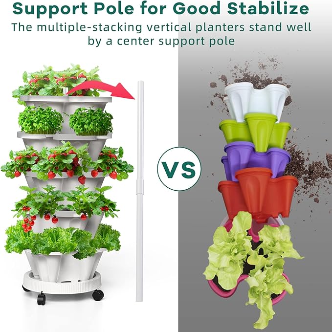 Strawberry Vertical Planters Tower Garden 3 Pack, 7 Tiered Stacking Herb Vegetable Planter with Support Pole Indoor and Outdoor - Black