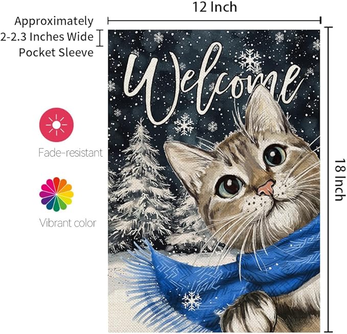 CROWNED BEAUTY Winter Cat Garden Flag 12x18 Inch Double Sided for Outside Small Welcome Burlap Holiday Yard Decoration CF1660-12
