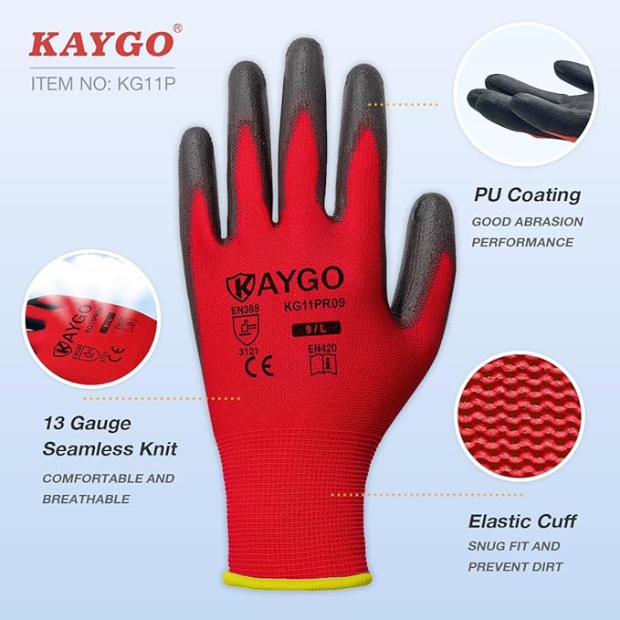 KAYGO Work Gloves for Men and Women, 12 Pairs Seamless Knit PU Coated Safety Gloves, with Smooth Grip on Palm and Fingers, Ideal for Light Warehouse, Manufacturing, Gardening, KG11P (XL, Red)