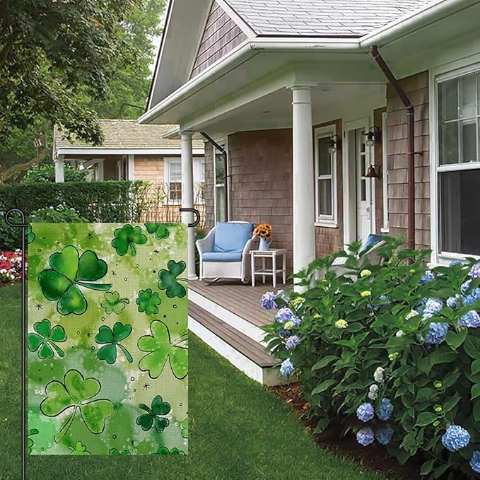 St Patricks Day Garden Flag for Outside 12x18 Inch Burlap Double Sided, Watercolor Green Lucky Shamrock Clover Sign Small Farmhouse Yard Outdoor Decoration DF434