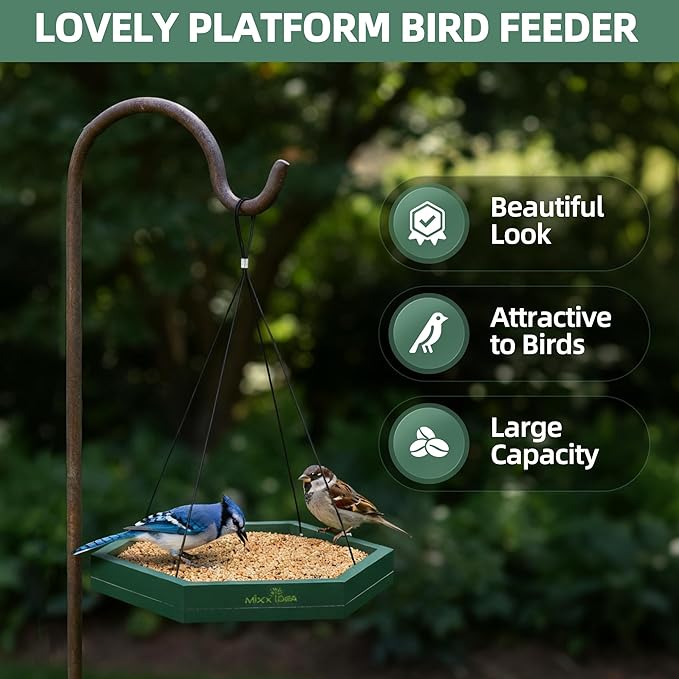 MIXXIDEA Platform Bird Feeder Tray, Hanging Bird Feeders for Outdoors, Wooden Seed Tray Mesh Seed Platform for Garden Yard Outside Decoration Attracting for Wild Birds (2)