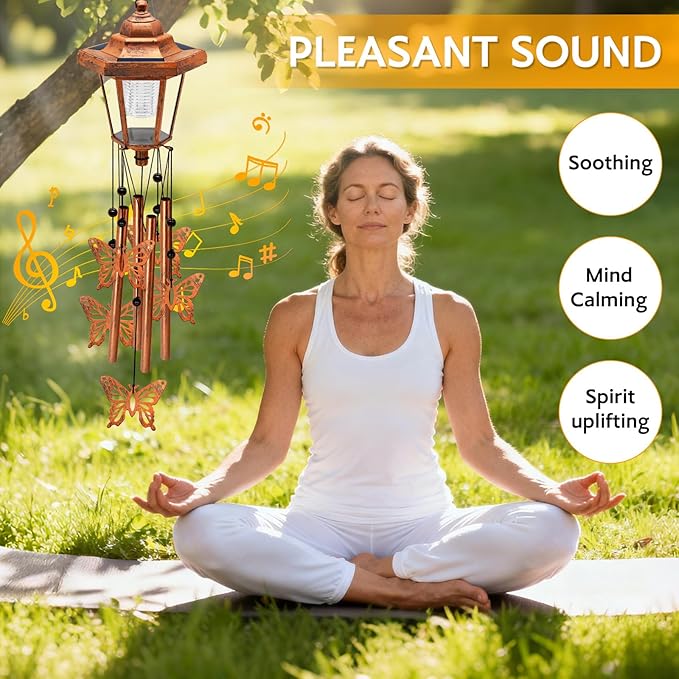Large Solar Butterfly Wind Chimes with Wind Catcher/Solar Decor Light to Create a Zen Atmosphere Suitable for Outdoor, Garden, Patio Decor Classic Bronze Wind Chimes as A Memorial Gift for Unisex