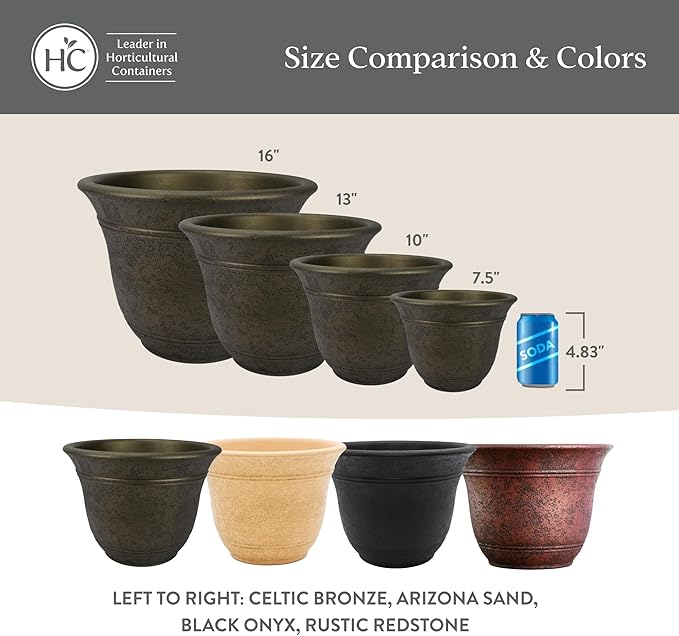 The HC Companies Sierra Round Self-Watering Pot - Lightweight Plastic Planter for Herbs & More - Durable Plant Pots for Indoor Plants & Outdoor Plants (10” Celtic Bronze, Pack of 2)