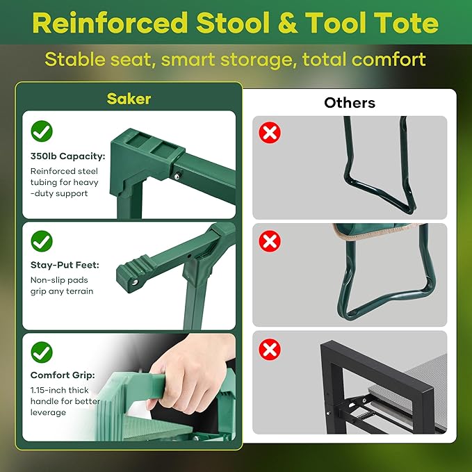 Saker Garden Kneeler and Seat Foldable Gardening Stool with Extendable Legs & Thickened Pad, Tool/Storage Bag, Heavy Duty Support for Elderly, Gardening, Outdoor Use