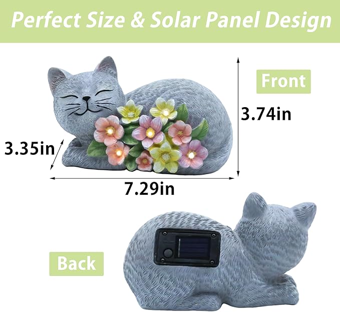Solar Cat Outdoor Statue, Resin Solar Cat Lights with Flower for Outside, Garden Cats Figurine for Lawn Porch Yard Art - Birthday Gifts for Mom Grandma Women