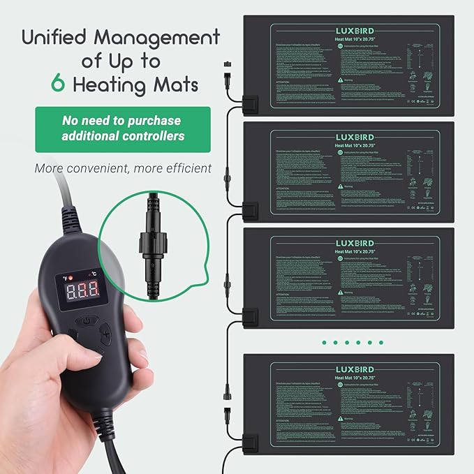 LUXBIRD 6 Pack 30W Seedling Heating Mats 10" x 20.75" with Thermostat Controller, Idea for Seed Starting, Germination, Greenhouse (LB-HT06)