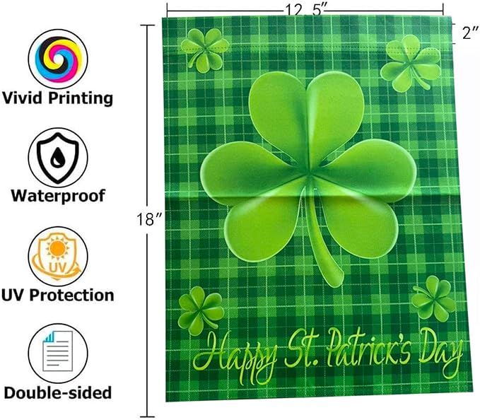 Happy St Patricks Day Shamrock Garden Flags 12x18- Patricks Yard Flag Double Sided Buffalo Check Plaid Small Green Banners for Holiday Outside Lawn Decoration