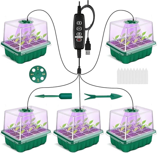 GOONMMILL Seed Starter Tray with Timed Grow Light, 5 Packs Plant Starter Tray Seedling Starter Kit with Humidity Domes Base Indoor Greenhouse Mini Propagator Station for Seeds Growing Starting
