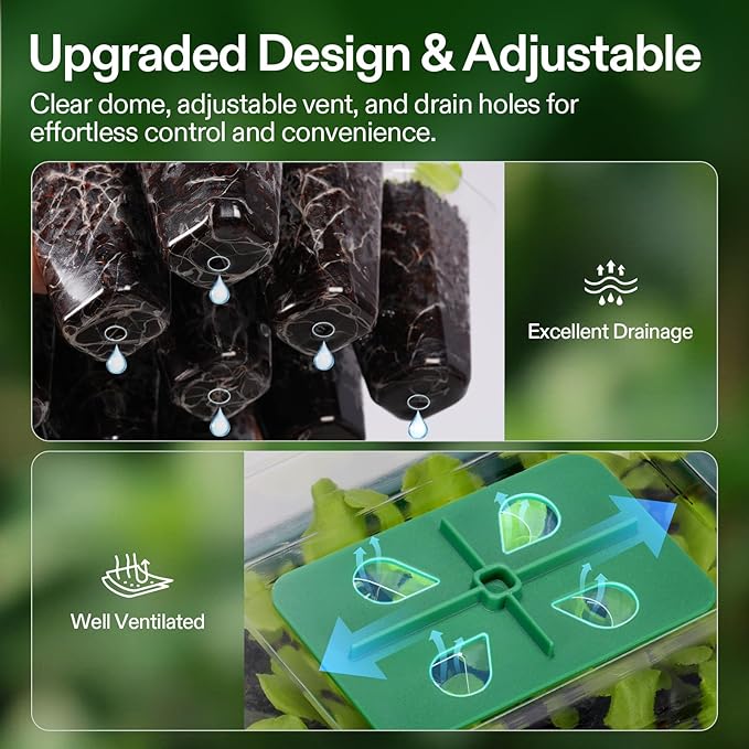 VIVOSUN 12-Pack Seed Starter Trays, 144-Cell Seed Starter Kit with Humidity Dome, Flat Reusable Plant Germination Trays with Drain Hole, Green Propagation Tray for Planting Seeds