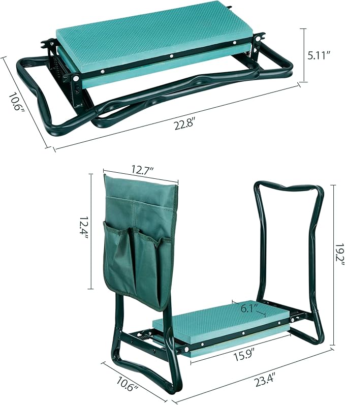 LEMY 2 in 1 Garden Kneeler and Seat - Portable Heavy Duty Folding Garden Stool for Women Men Seniors, w/EVA Foam Kneeling Pad, Removable Tools Pouches, Steel Frame,No Assembly