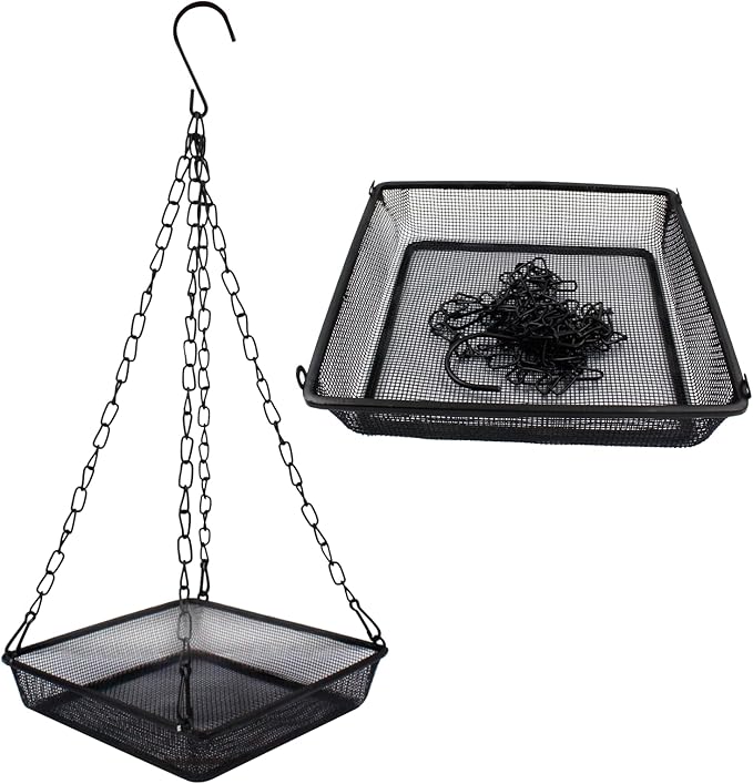 2 Pack Hanging Bird Feeder Tray 6.7 Inch Square Metal Mesh Seed Holder, Durable Metal Mesh Feeders with Chains for Attracting Various Species of Wild Birds